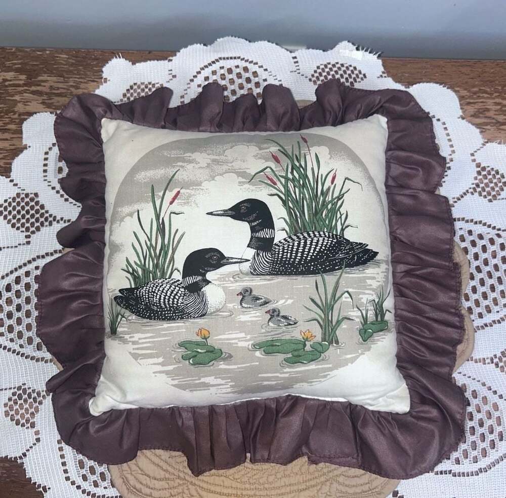 Vintage Loon Lake Tapestry Decorative Accent Pillow with Brown Ruffle Trim